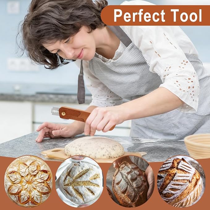 Wooden Bread Dough Scoring Lame, Upgraded Handcrafted Sourdough Bread Scoring Tool with 10 Pack Razor Blades and 4 Pcs Finger Cots, Professional Baking Accessory (Brown)
