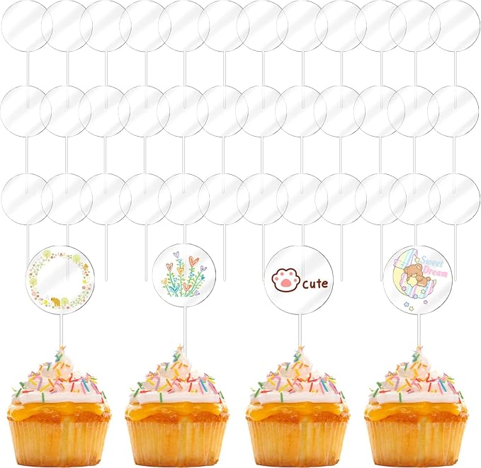 36 Pieces 2 Inch Round Acrylic Cake Toppers, Blank Cupcake Stick Toppers for DIY Clear Round Blank Cake Decorations, for Birthday, Wedding, Festival Party Supplies (Round)