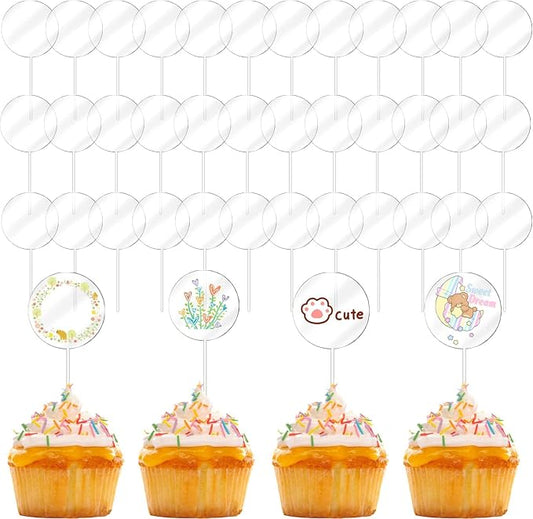 36 Pieces 2 Inch Round Acrylic Cake Toppers, Blank Cupcake Stick Toppers for DIY Clear Round Blank Cake Decorations, for Birthday, Wedding, Festival Party Supplies (Round)