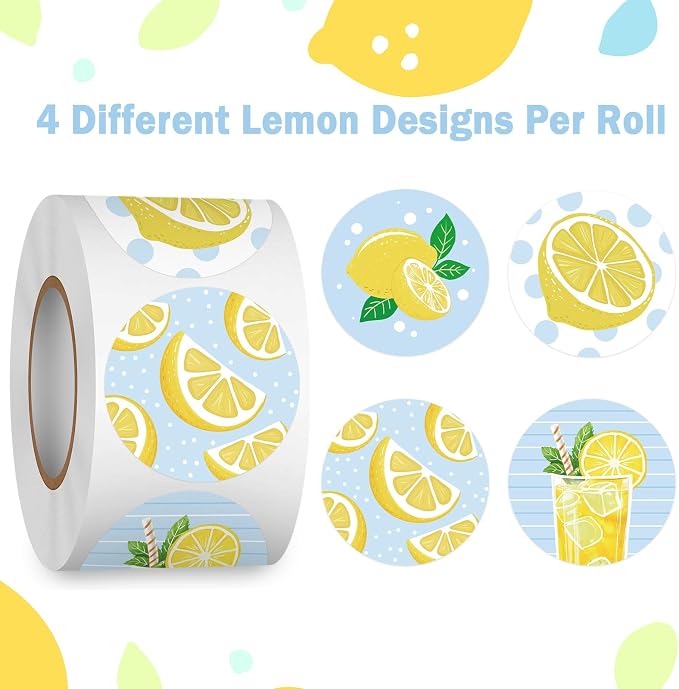 Louise Maelys 500pcs Lemon Stickers for Cups - 1.5 Inch 4 Lemon Patterns Waterproof Stickers Labels Perfect for Lemonade Stands Party Favours，Homemade Treats, Cups