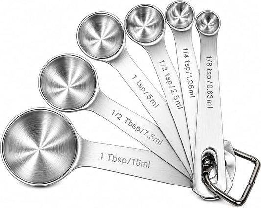 Stainless Steel Measuring Spoons Set of 6, Metal Measuring Spoons with Engraved US & Metric Measurements, Stackable with Ring Connector, Dishwasher Safe for Baking & Cooking