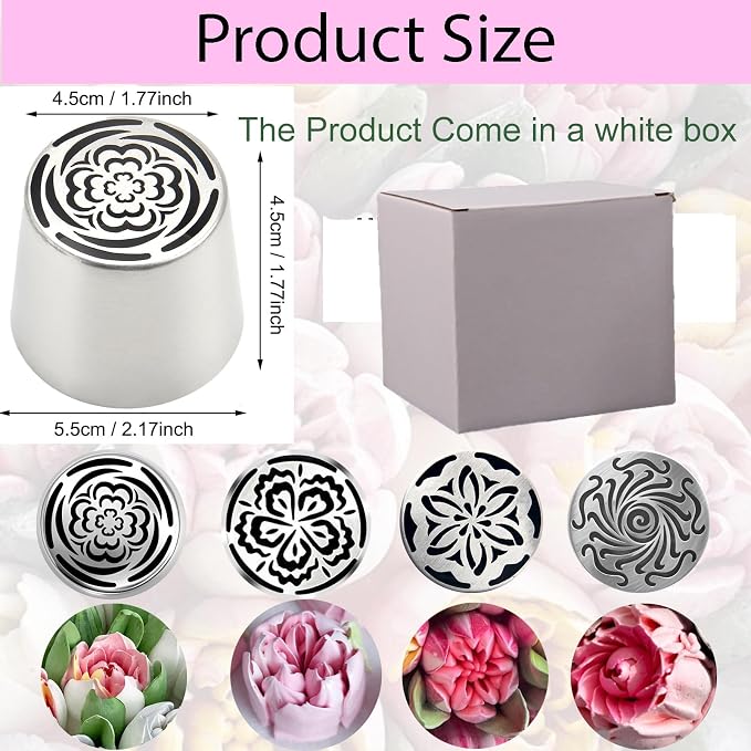 4pcs Russian Piping Tips Set Extra Large Stainless Steel Flower Icing Nozzles One Step Peony Carnation Dahlia Rose Tips for Cake Decorating ButtercreamCupcake Baking Supplies for Beginners