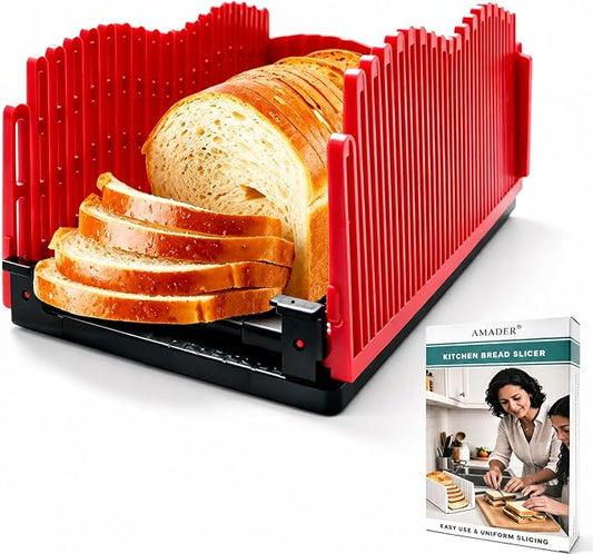 Bread Slicer Adjustable Foldable Cutter BPA Free Red Black | Adjustable Thickness Slicing Guide ◦ Foldable Portable Design ◦ Suitable for Sourdough, Bagel, and Cake