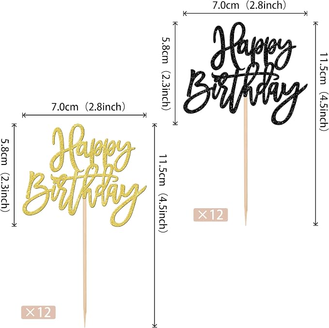 24 PCS Happy Birthday Cupcake Toppers Glitter Happy Birthday Cupcake Picks for Celebrating Anniversary Theme Party Cake Decorations Supplies Black Gold