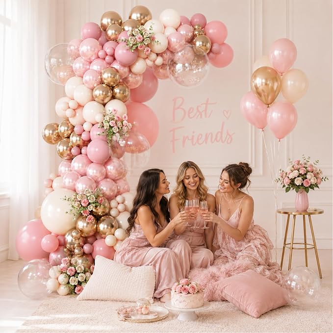 Double Stuffed Dusty Pink Balloon Arch Kit for Girls, Pearl Pink White Gold Balloon Garland for Baby Shower Birthday Wedding Bridal Party Decorations with Clear Metallic Rose Gold Balloons