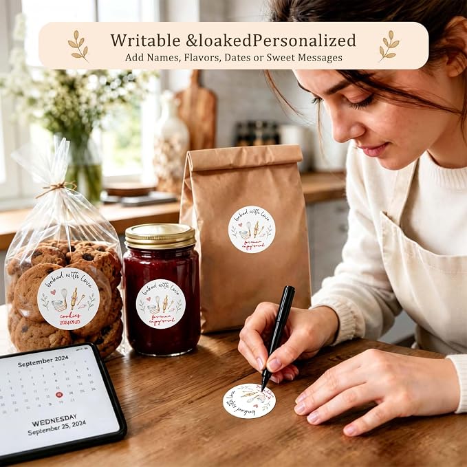 120 x Baked with Love Write On Bakery Stickers for Cookie Bags, Sourdough Bread, Jam Jars & Homemade Gifts, Writable Baking Labels for Home Bakers, Farmers Market & Small Business Packaging 2''