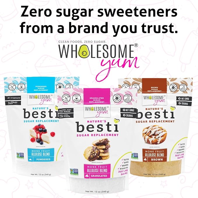 Wholesome Yum Besti Natural Powdered Sugar Substitute - Keto Confectioners Monk Fruit Sweetener Blend With Allulose (No Erythritol) - Non GMO, Zero Carb, Zero Calorie, No Aftertaste (12 oz, 2 Pack)
