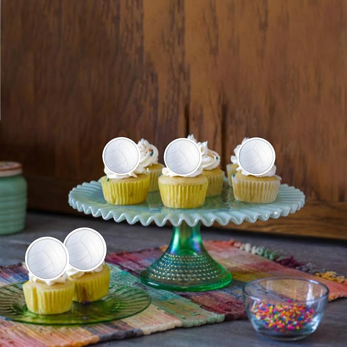 48 PCS Edible Volleyball Cupcake Toppers Wafer Paper Sports Ball Cupcake Picks Edible Volleyball Birthday Decorations for Sports Theme Baby Shower Kids Player Birthday Party Cake Decoration Supplies