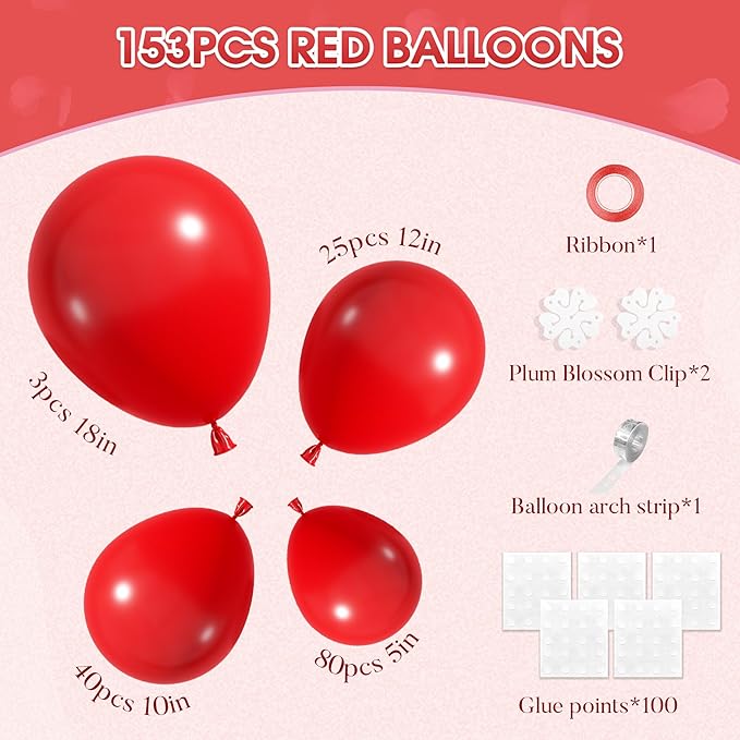 Amandir 153 Pcs Red Balloons Arch Garland Kit, Different Sizes 18 12 10 5 Inch Red Latex Valentines Balloons for Wedding Anniversary Casino Movie Cherry Birthday Party Decorations
