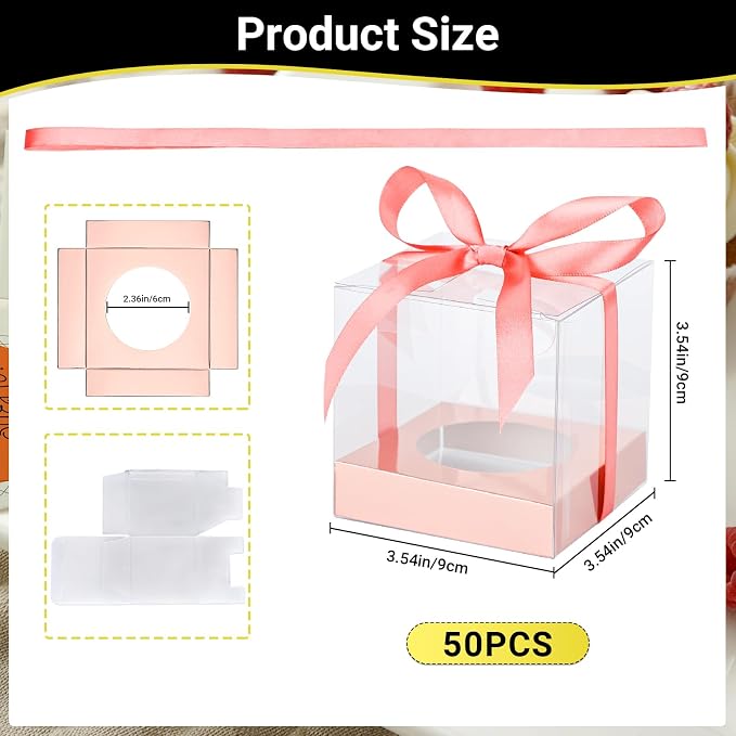 EUSOAR Rose Gold Tall Cupcake Containers, 50pcs 3.5 Inch Individual Cupcake Boxes Storage for Cake Dessert, Plastic Cupcake Wrappers Cupcake Holder with Ribbon for Wedding Birthday Party Favor