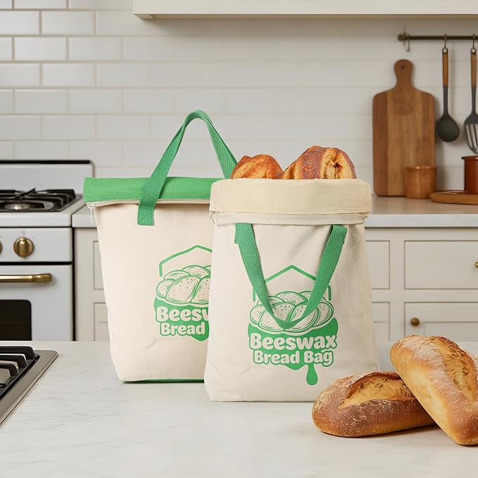 Beeswax Bread Bag 14"x17" Sourdough Bread Storage, Reusable Linen Bags with Wide Zipper & Double-Sided Print, Freezer Safe for Homemade Artisan Loaves