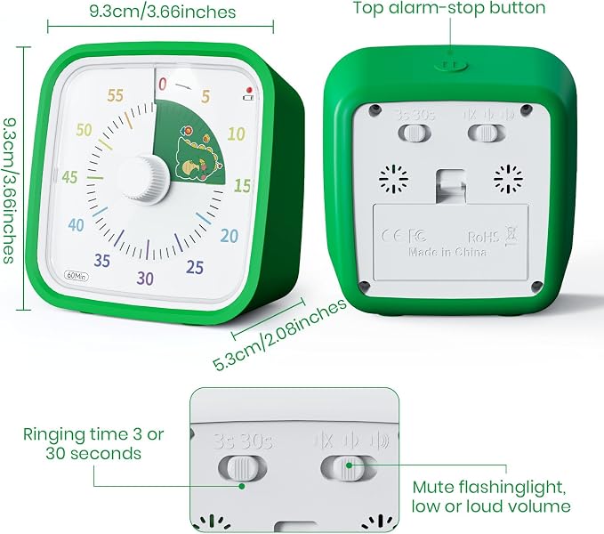 Yunbaoit Visual Timer with Protective Case, Dinosaur Disk 60 Minute Countdown Timer for Kids and Adults, Silent Time Management Tool(Green Dinosaur)