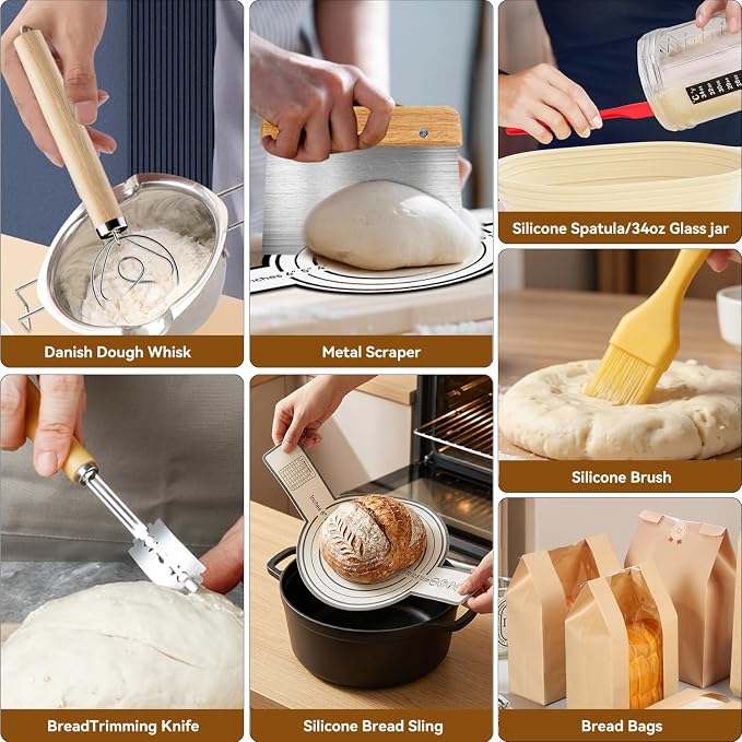 24 PCS Sourdough Starter Kit w/ 34oz Sourdough Starter Jar, Sourdough Bread Baking Supplies 9" Round & 10" Oval Silicone Banneton Bread Proofing (Yellow)
