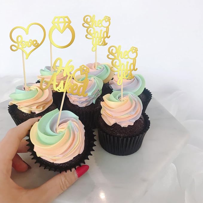 Gyufise 24 Pack Light Gold Glitter He Asked She Said Yes Cupcake Toppers Diamond Ring Heart Love Cake Picks for Wedding Engagement Party Cake Decorations