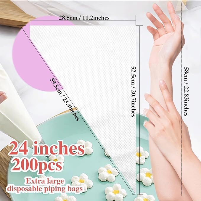 24 Inch Extra Large Piping Bags, 200 PCS Clear Disposable Icing bags, Thickened Non-Slip and Anti-Burst Pastry Bags for Baking and Decorating Desserts Cakes Cookie