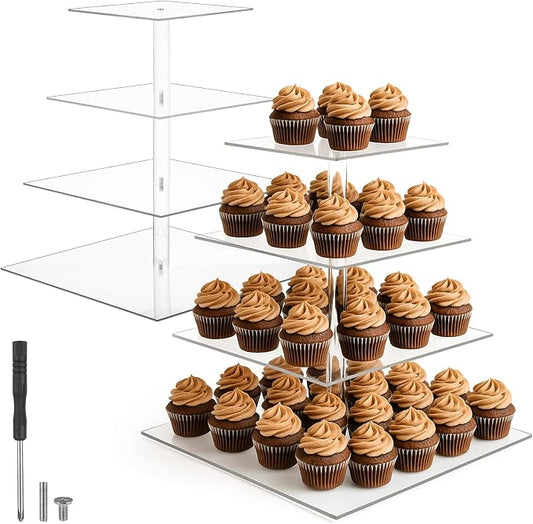 2 Pack 4 Tier Acrylic Cupcake Stand for 50 Cupcakes, Large Square Cupcake Tower, Dessert Cup Cake Tier Stand Holder, Clear Tiered Display Tree for Birthday, Wedding, Party DéCor