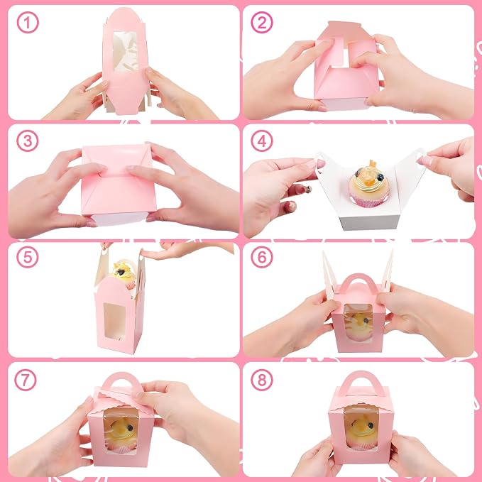 100 Pack Pink Cupcake Boxes Individual with Window, Inserts and Handle, Single Cupcake Containers for Cupcakes, Muffins, Donuts, Cookies, 3.6 x 3.6 x 4.3 Inch