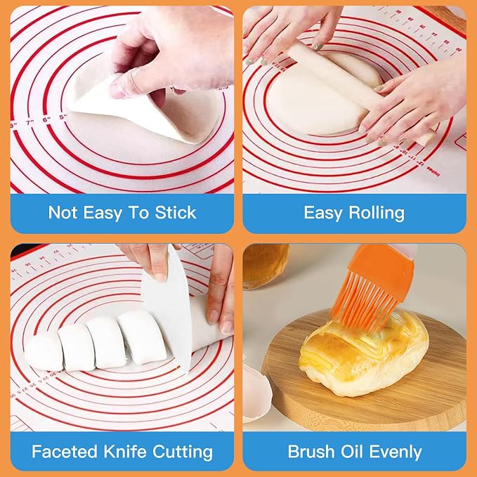 Silicone Baking Mat with Measurement, YRYUNRUI Bread Making Tools, Gifts for Bakers Extra Rolling Pin, Dough Scraper and Brush, Non-Stick Kitchen Accessories (16x24inch)