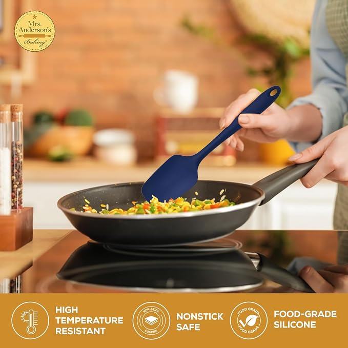 Mrs. Anderson’s Baking Silicone Spoon-Shaped Spatula, Flexible And Nonstick, One-Piece Design, Navy Blue, For Mixing, Folding, Scraping, Baking, And Cooking