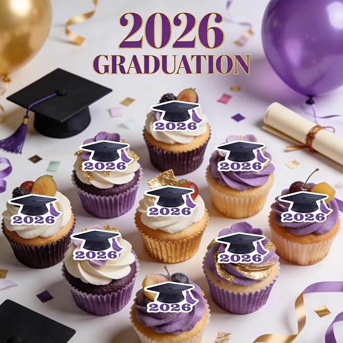 42pcs Edible Graduation Cap Cupcake Toppers Wafer Paper Purple Class of 2026 Cake Decorations Edible Grad Cap Cupcake Picks for 2026 Graduation Theme Party Cake Decor Supplies
