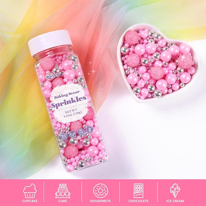 Pink Sprinkles for Cake Decorating 4.23ounce - Sparkle Pearl Sprinkles for Cupcake Toppers, Ice Cream, Candy, Cookie Decorations - Silver Sprinkles for Princess Bridal Shower Wedding Party