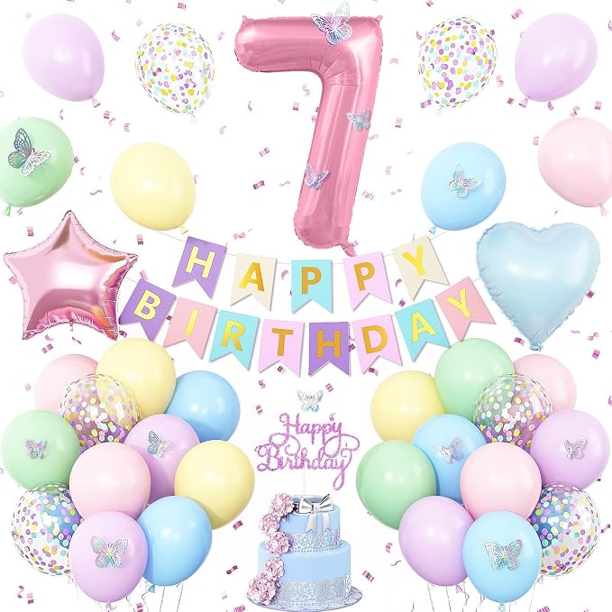Pastel 7th Birthday Decorations for Girl,Macaron Rainbow 7th Party Decoration Pink Blue Purple Green Yellow Colorful Balloons Banner Star Heart Number 7 Foil Balloon Cake Topper Butterfly Stickers