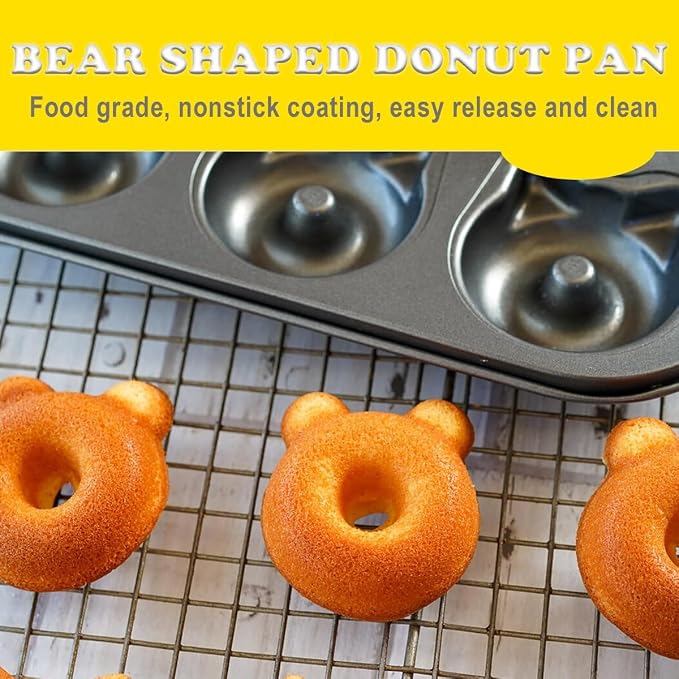 2 Pack Donut Pans, 2 1/2" Non-Stick Cat & Bear-Shaped Donut Mold Cake Pan, 6 Cup Carbon Steel Doughnut Pan for Home Baking