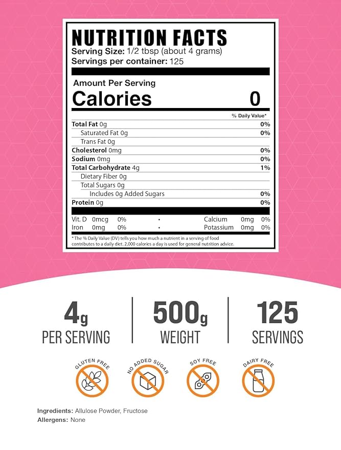 BulkSupplements.com Allulose Powder - Allulose Sweetener, Sugar Substitutes for Baking, Sugar Alternative - Pure & Gluten Free, 4g per Servings, 500g (1.1 lbs) (Pack of 1)