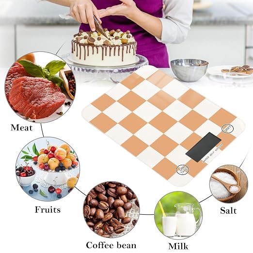 Checkered Orange and White Food Scale Kitchen Scale for Baking Cooking Digital Food Weighing Measuring Scale Small Waterproof Electric Food Scales Grams and Ounces for Weight Loss