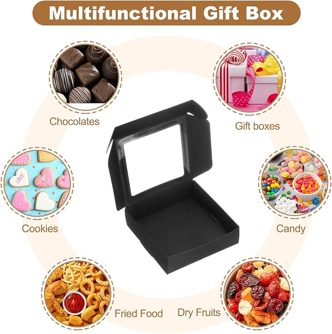uxcell 20Pcs Kraft Soap Boxes, 4.1 x 4.1 x 1.2Inch Mini Kraft Treat Box with Clear Window for Candy Cookie Gift Party Festival Favor Treats Packaging (Black)