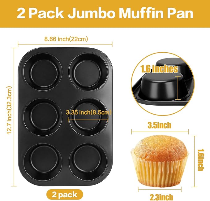 Jumbo Muffin Pan 6 Cup, 2-Pack Nonstick Extra Large Muffin Tin for Baking, Durable Non-Toxic Carbon Steel, 3.35'' Diameter, 1.6'' Muffin Mold, Jumbo Cup Design