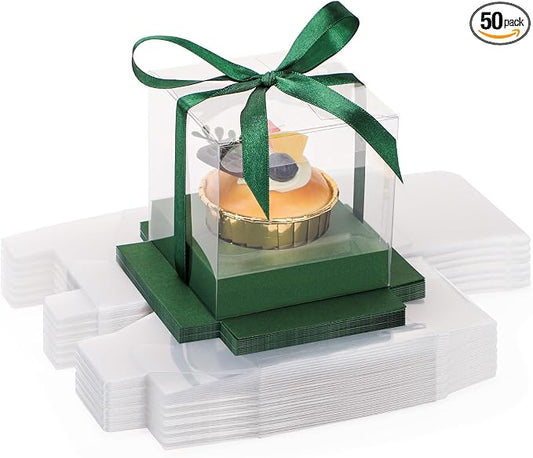 EUSOAR Clear Cupcake Boxes, 3.5 Inch 50 Pack Muffins Gift Wrappers Cake Containers with Inserts and Ribbon, Dessert Pastry Holder Disposable Cookies Carrier for Wedding Party Favor Bakery-Green