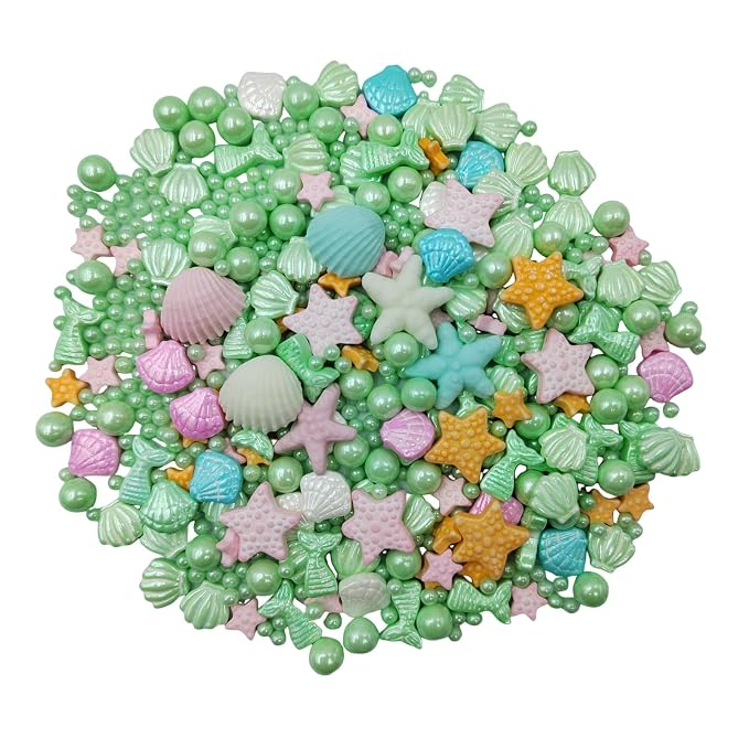Homankit Mermaid Sprinkle Sweets Sprinkles for Baking Dessert Cupcake Cake Topper Starfish Shell Pearl Mermaid Candy Mix 3.53 Ounces Green