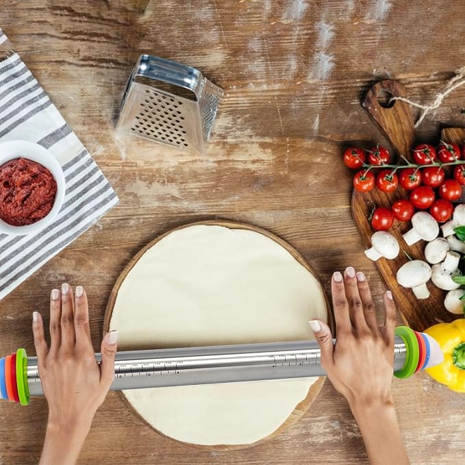 Stainless Steel Rolling Pin for Pizza, Burger Dough Roll - Baking Roller - With Thickness Controller. Adjustable Rolling Pin with Removable Rings 17"