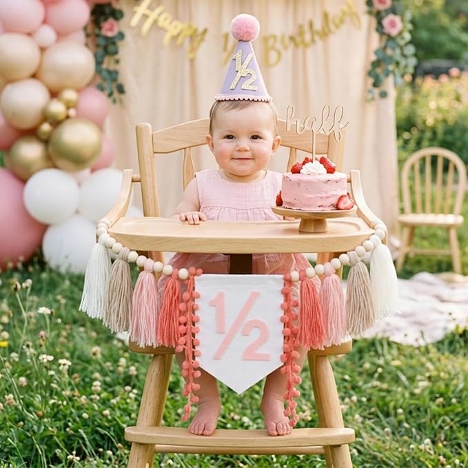 CWK Half Birthday Decorations for Baby, 1/2 Birthday High Chair Banner with Cone Hat & Cake Topper, Half Way to One Party Kit, Photo Props for 6 Month Baby Birthday(Pink)
