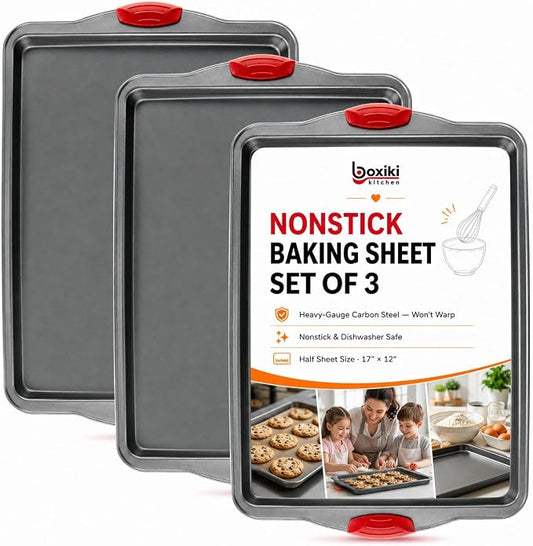 Premium Nonstick Baking Sheet Pans – Set of 3, Heavy-Gauge Carbon Steel, Warp, Dent, and Rust-Resistant – Gourmet Rimmed Half Cookie Sheet Trays, Non-Toxic for Exceptional Baking Performance