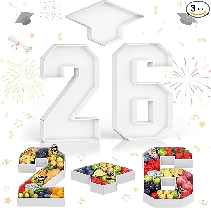HILAVO 26 Charcuterie Numbers Fillable, 3Pcs 13.7" Graduation Cap Number Charcuterie Board Box 2026 Graduation Decorations Food Serving Tray for Class of 2026 Congrats Grad Party Decorations