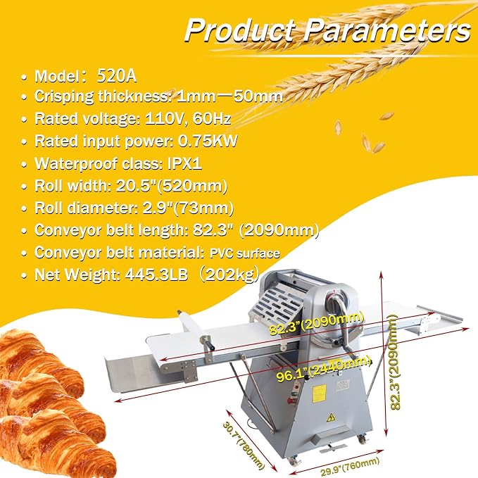 Commercial Electric Dough Sheeter Machine Stainless Steel Vertical Foldable Design 82.3"x19.7" Conveyor Belt 0.04-2" Adjustable Thickness for Croissant Pastry Bakery Canteen 110V