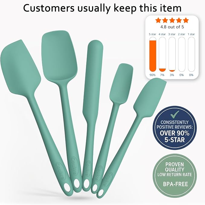 Coukre Silicone Spatula Set of 5,High Temperature Resistant, Food Grade Silicone, Dishwasher Safe, for Baking, Cooking (Pure Aqua Green)