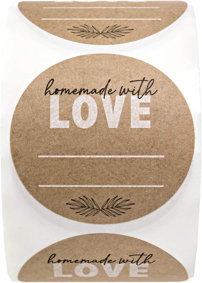 Homemade with Love Canning Stickers / 500 2" Circle Labels Printed On Sturdy Kraft Stock/Illustrated Botanical Accent