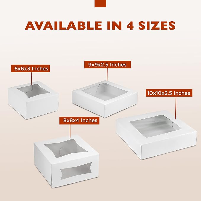 Fit Meal Prep 25 Pack Cake Boxes with Window 8 x 8 x 4 Inches Auto Pop-Up White Bakery Containers for Dessert, Cookies and Pastries, Treat Boxes Gift Packaging Boxes for Valentine's Day, Christmas