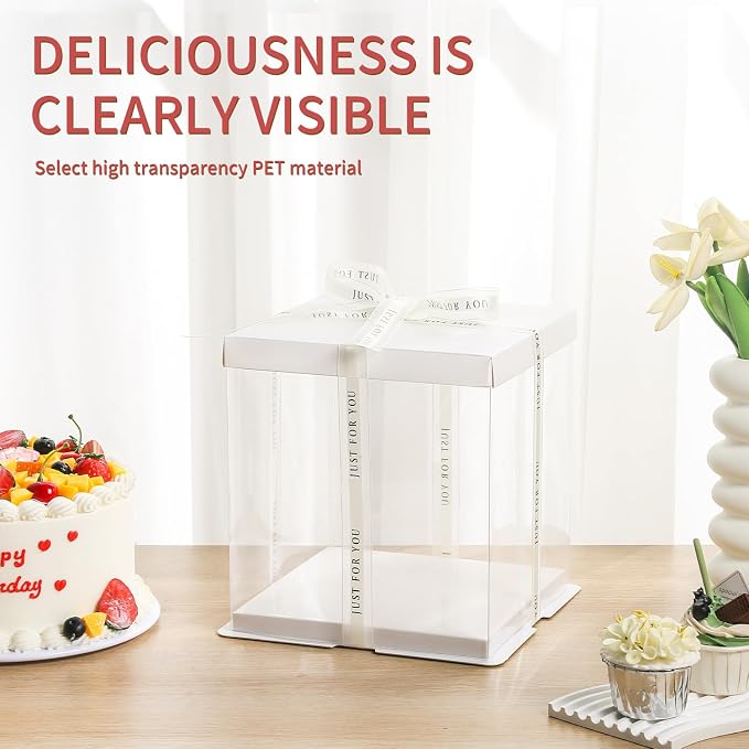 JCD 6Pcs Multi-Layer cake box，Large Cake PET Clear Box, 10" X 10" X 9" with ribbon and pre-folded lid, for 8" cake packing , baking cookie display, Carry Tall Layer box (White Lid, 10*10*9inch/6Pcs)