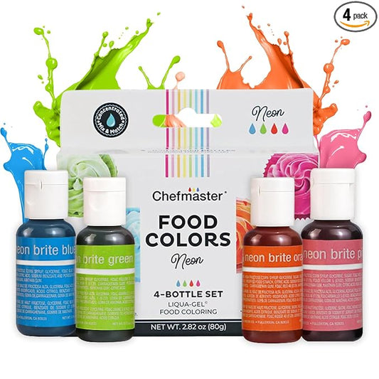 Chefmaster 4-Bottle Set of Neon Food Coloring, Liqua-Gel® Vibrant Colors, Professional-Grade Dye for Easter Eggs, Icing, Frosting, Fondant, & Batters, Fade-Resistant, Made in USA, 0.67 oz