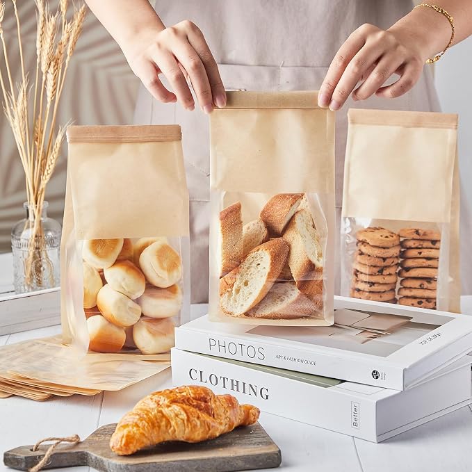 ZORRITA Bakery Bags with Window, 50 Pack, 5.1 x 3.9 x 11 Inches | Tin Tie Tab Lock, For Cookies, Bread, Bagels, Pastry, Popcorns and Snacks