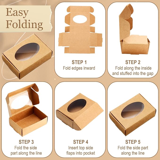 Yexiya 60 Pcs Homemade Soap Boxes 3.55 x 2.4 x 1.2 Inch Kraft Soap Box with Window Mini Gift Packaging Supplies for Homemade Bakery Candy Cookies Party Favor(Kraft Color)