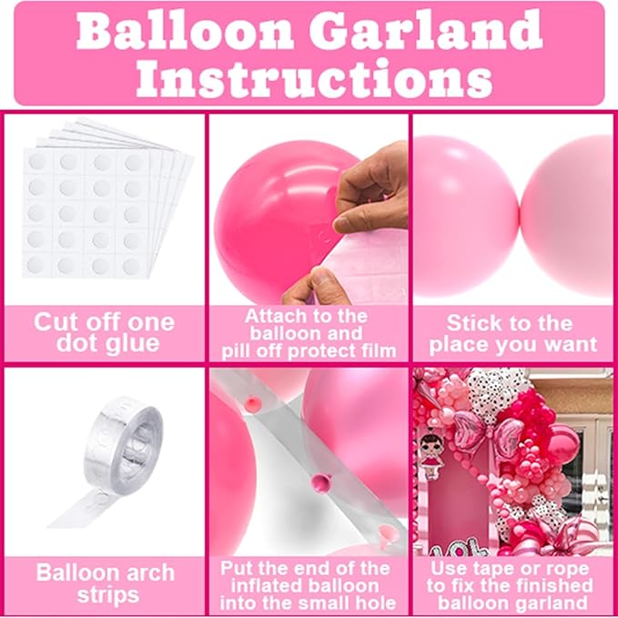 NISOCY Pink Balloons Garland Arch Kit, 18In 12In 10In 5In Different Size 124pcs Hot Pink Metallic Pink Balloons for Valentine's Day Wedding Baby Shower Princess Birthday Pink Party Decorations