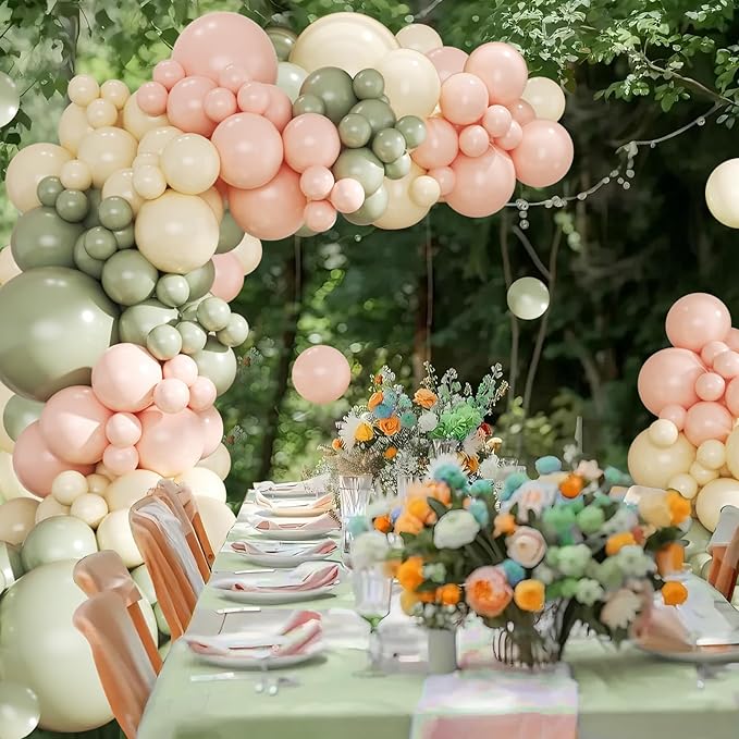 Pink and Green Balloon Arch Kit 124Pcs Sage Green Peach Ivory White Balloons Different Size for Baby Shower Wedding Bridal Shower Birthday Gender Reveal Party Decorations