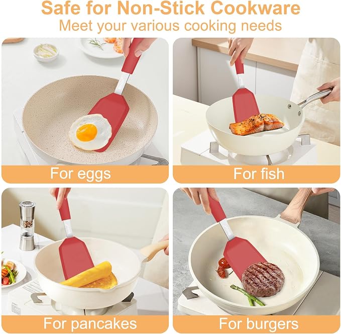 Beijiyi Silicone Spatula Turner, 600°F Heat Resistant, 13 x 3.2 in (Red) | BPA Free, Non-Toxic, Flexible Turner, Non Scratch for Non Stick Frying Pan, Flipping, Cooking, Dishwasher Safe