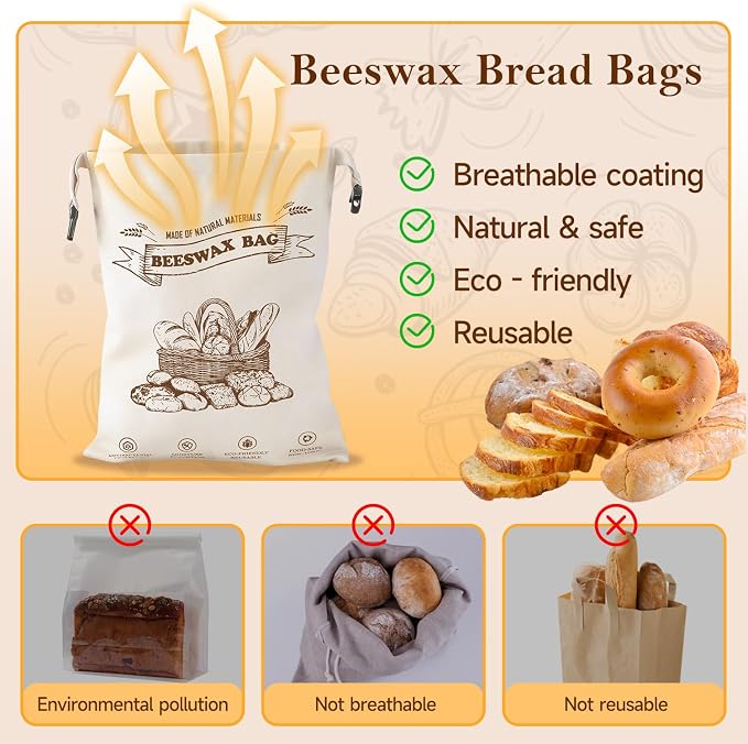 Beeswax Bread Bags for Homemade Bread, 2 Packs XL Reusable Cotton Linen Sourdough Bread Bags to Keep Bread Fresh, Airtight Drawstring Seal Reusable Food Storage Bags for Homesteading & Baking