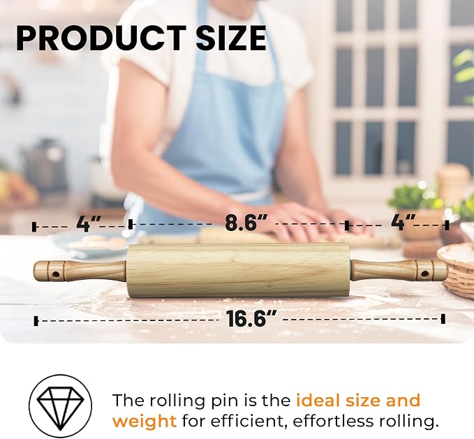 KARRYOUNG Natural Rubberwood Rolling Pin with Handles – Smooth Dough Roller for Pizza, Pie Crust, Cookies, Fondant & Tortillas – Durable Kitchen Baking Essential, Rodillo Para Masa